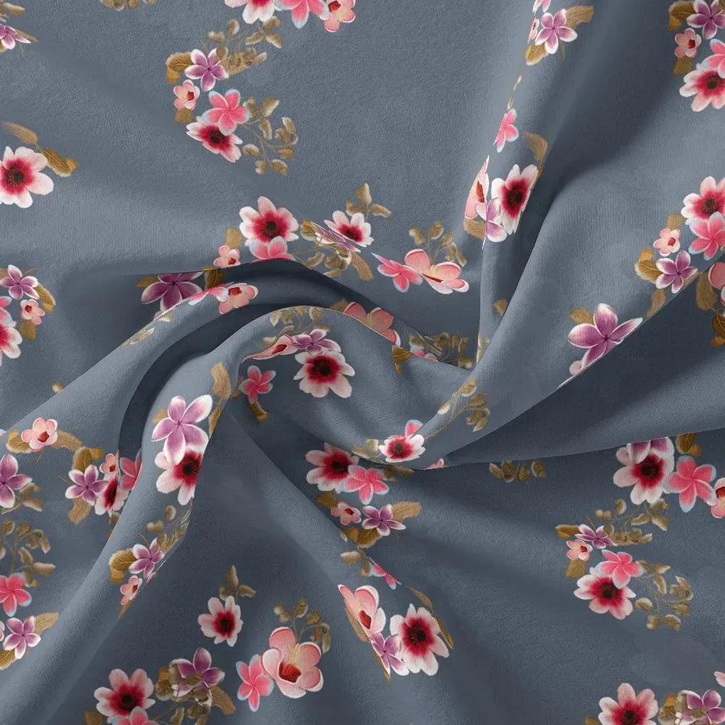 Tiny Flowers With Metal Grey Digital Printed Fabric - Japan Satin - Image 3