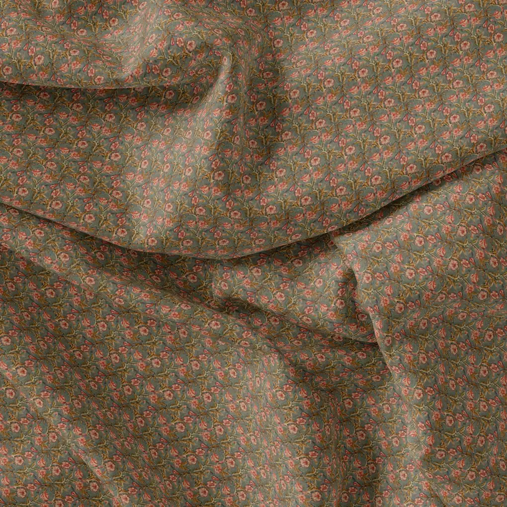 Tiny Golden Branch With Burnt Umber Roses Digital Printed Fabric - Image 3