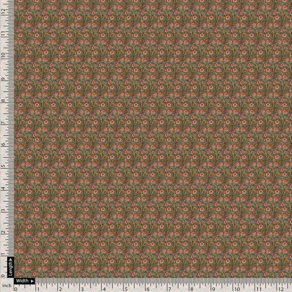 Tiny Golden Branch With Burnt Umber Roses Digital Printed Fabric - Image 4