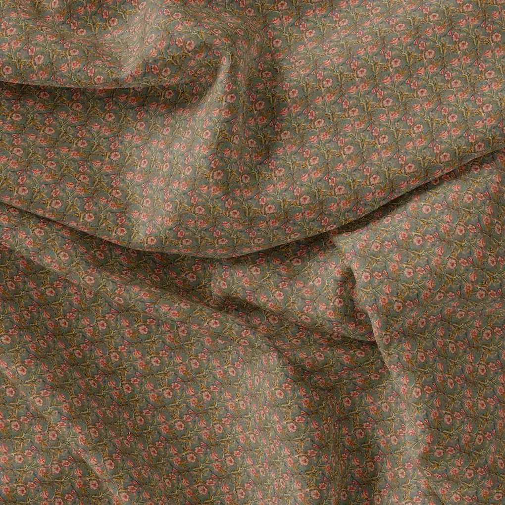 Tiny Golden Branch With Burnt Umber Roses Digital Printed Fabric - Kora Silk - Image 3