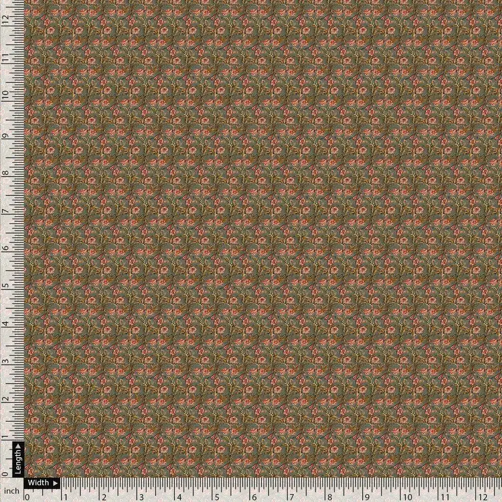 Tiny Golden Branch With Burnt Umber Roses Digital Printed Fabric - Kora Silk - Image 4