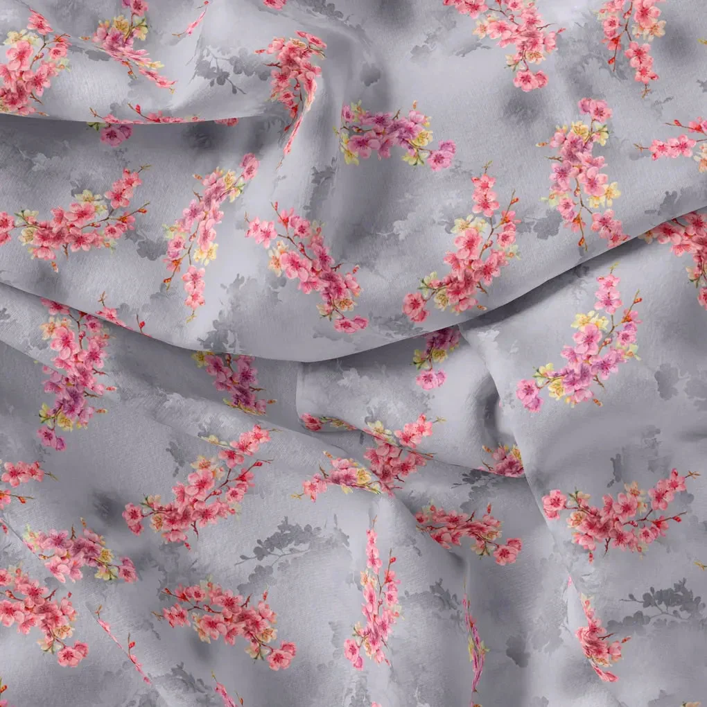 Tiny Pink Violet Floral Flower Digital Printed Fabric - Pure Georgette - Image 3