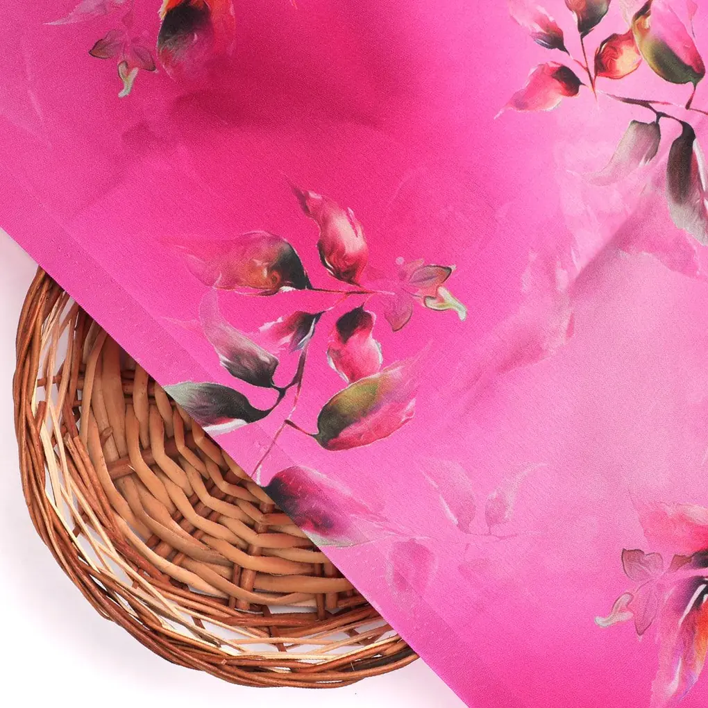 Tiny Silver Leaves With Pink Background Digital Printed Fabric - Japan Satin - Image 2