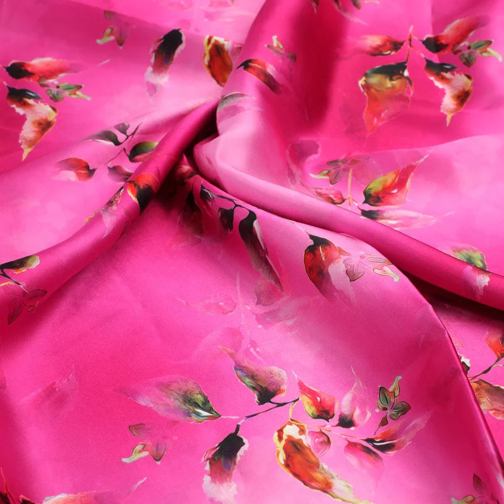 Tiny Silver Leaves With Pink Background Digital Printed Fabric - Japan Satin - Image 3