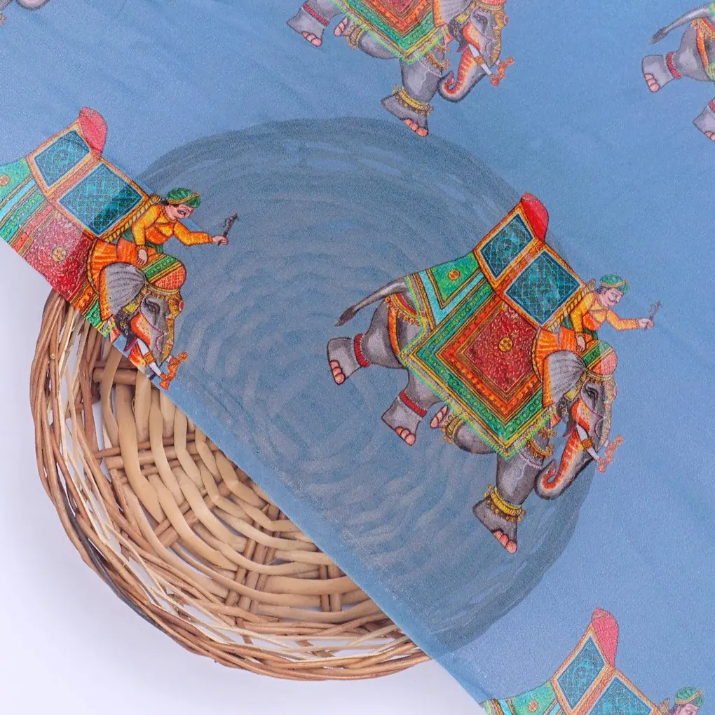 Traditional Elephant Motif Digital Printed Fabric - Pure Georgette - Image 2