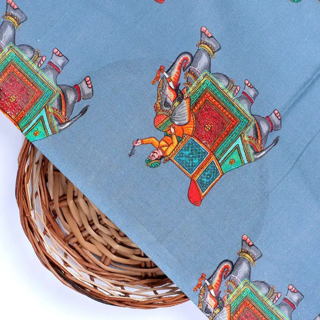 Traditional Elephant Motif Digital Printed Fabric - Image 2