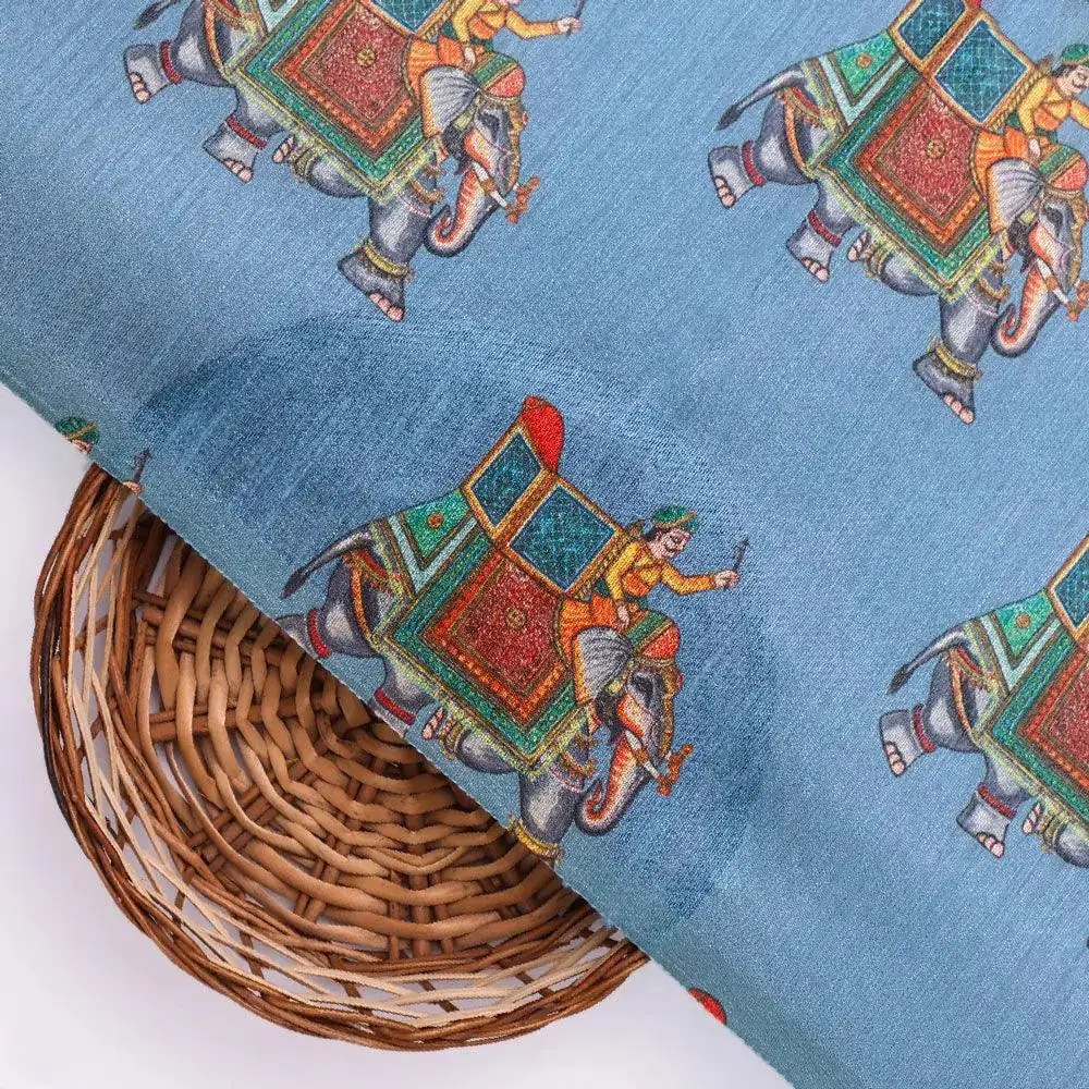 Traditional Elephant Motif Digital Printed Fabric - Image 2
