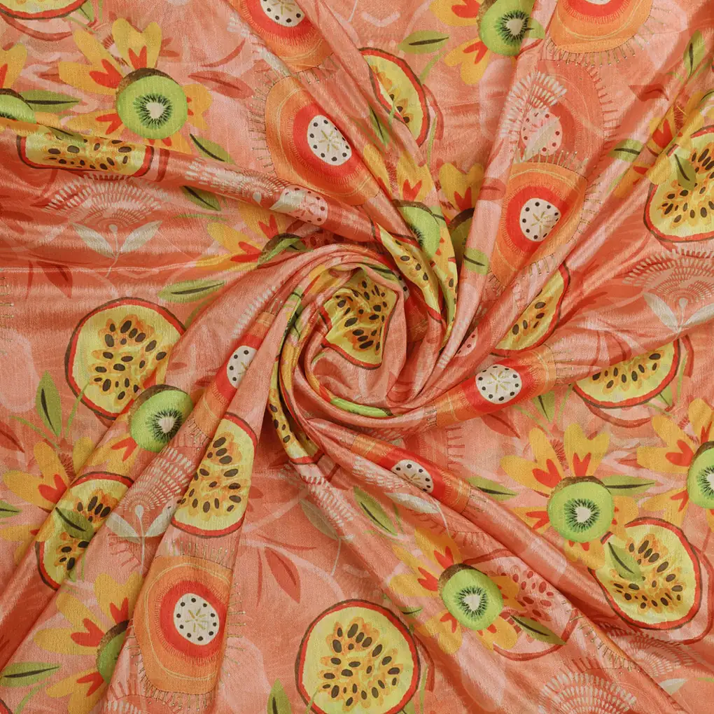 Tropical Kiwi & Passion Fruit Print Peach Chinon Fabric - Image 3