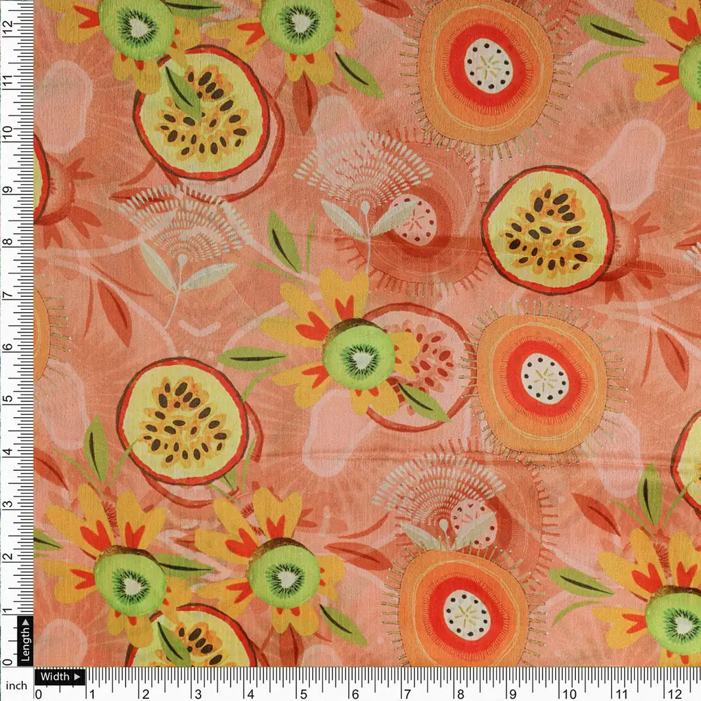 Tropical Kiwi & Passion Fruit Print Peach Chinon Fabric - Image 4