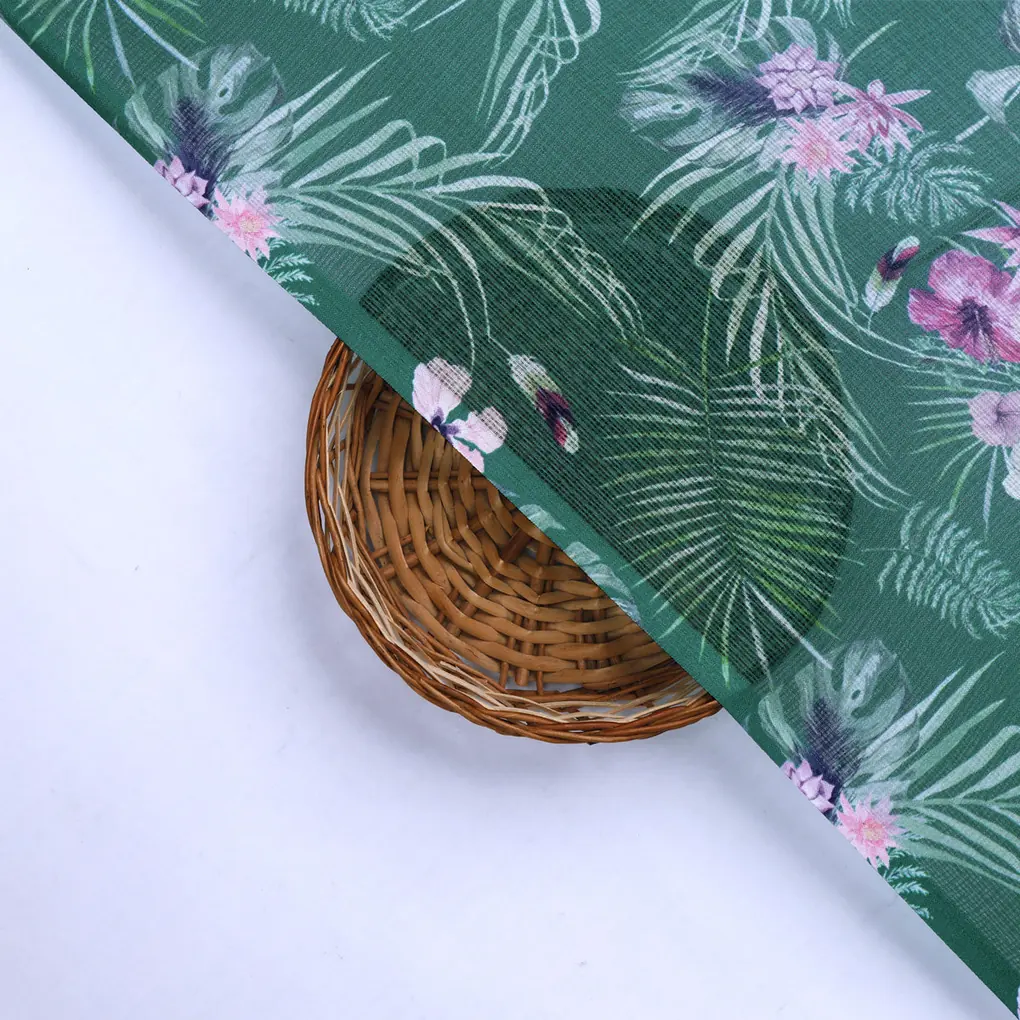 Tropical Leaves and Flowers Printed Kota Doria Fabric - Image 2