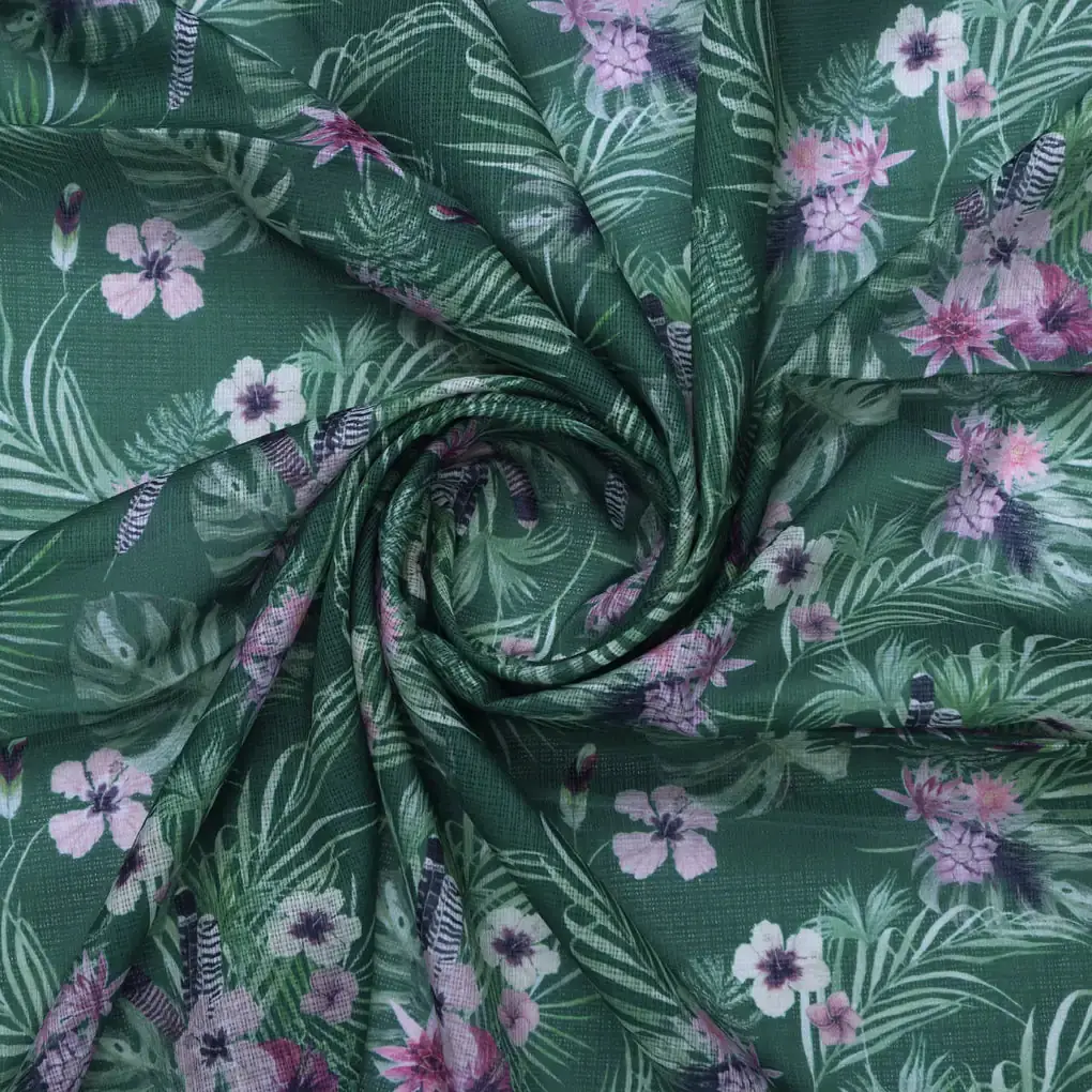 Tropical Leaves and Flowers Printed Kota Doria Fabric - Image 3