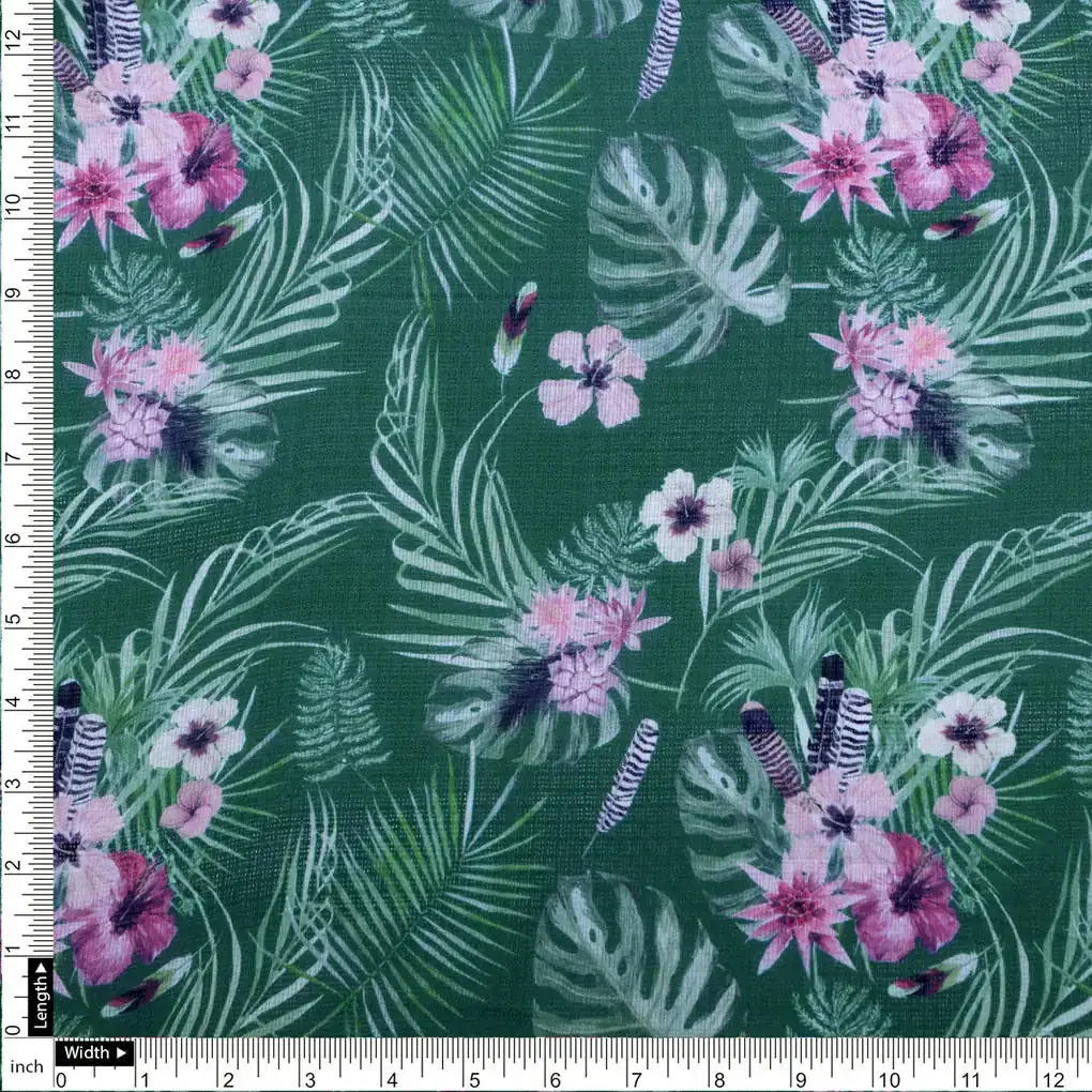 Tropical Leaves and Flowers Printed Kota Doria Fabric - Image 4