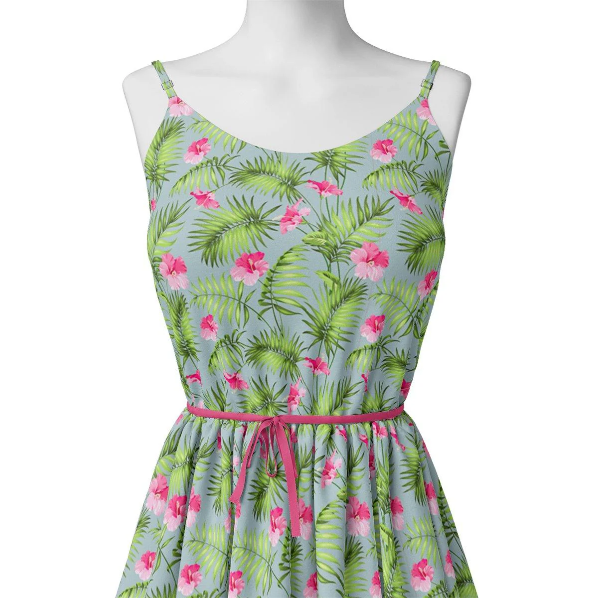 Tropical Leaves Pink Hibiscus Flower Digital Printed Fabric - Kora Silk - Image 2