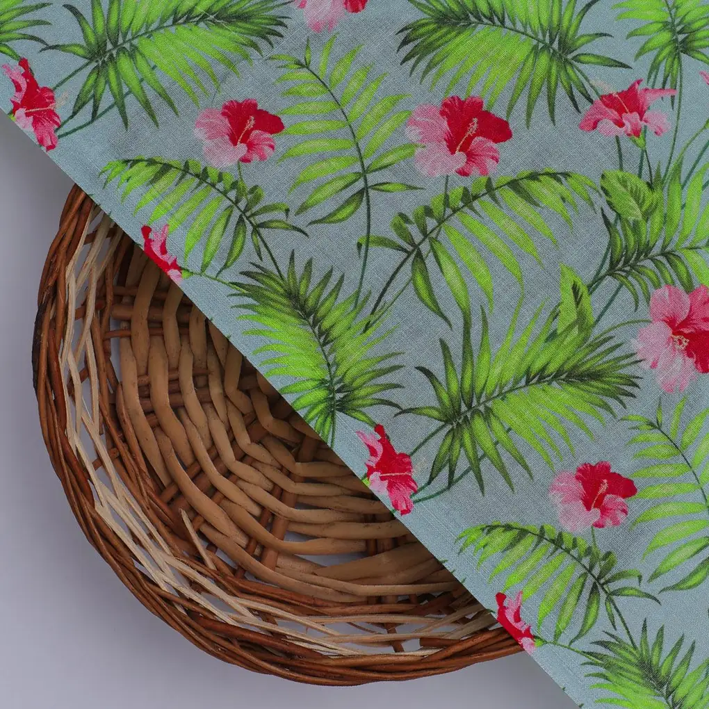 Tropical Leaves Pink Hibiscus Flower Digital Printed Fabric - Cotton - Image 2