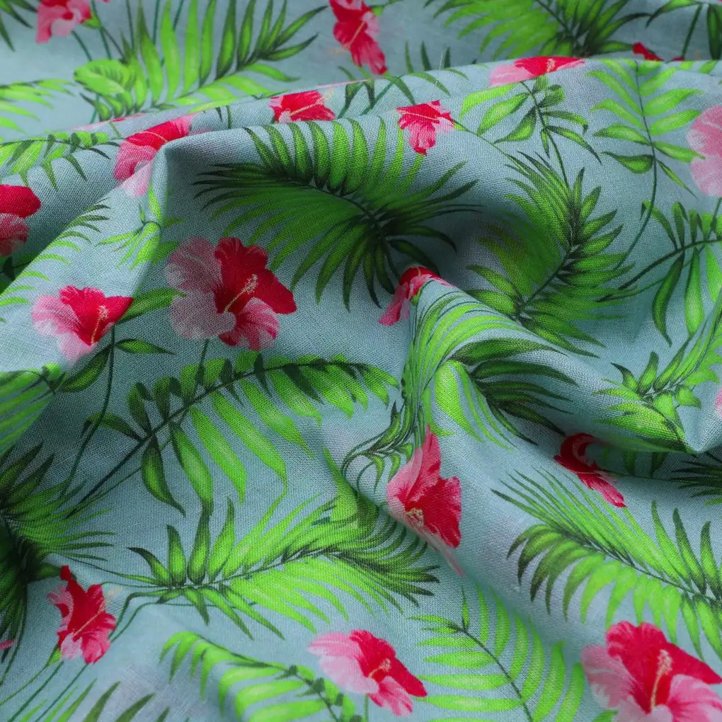 Tropical Leaves Pink Hibiscus Flower Digital Printed Fabric - Cotton - Image 3