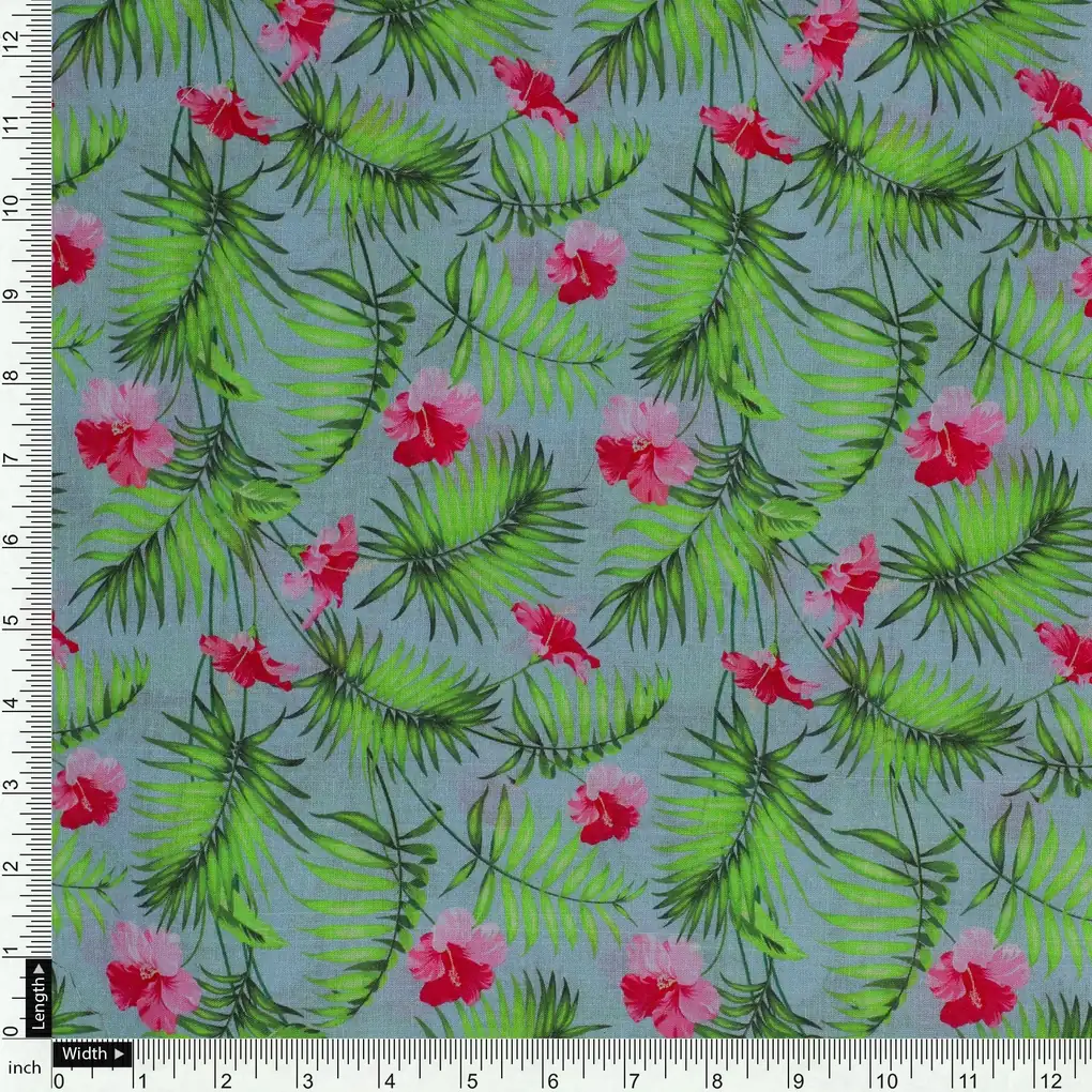 Tropical Leaves Pink Hibiscus Flower Digital Printed Fabric - Cotton - Image 4