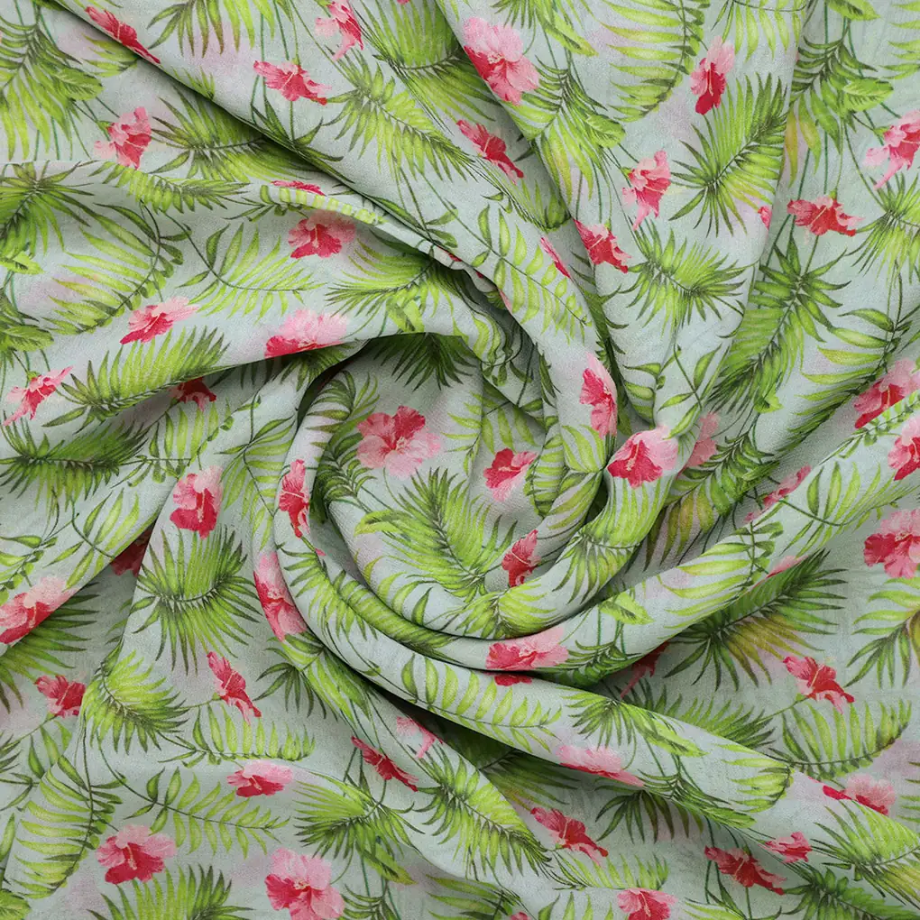 Tropical Leaves Pink Hibiscus Flower Digital Printed Fabric - Pure Georgette - Image 2