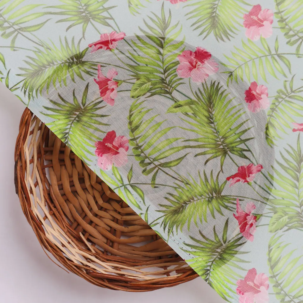 Tropical Leaves Pink Hibiscus Flower Digital Printed Fabric - Pure Georgette - Image 3