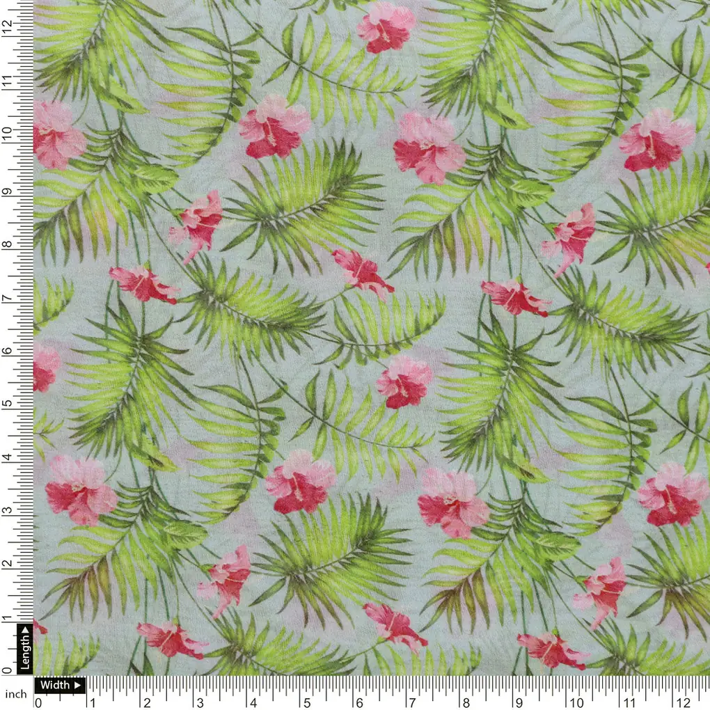 Tropical Leaves Pink Hibiscus Flower Digital Printed Fabric - Pure Georgette - Image 4