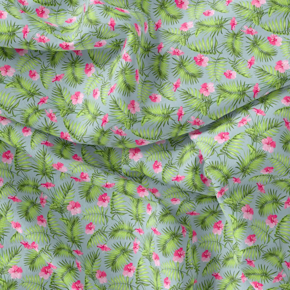 Tropical Leaves Pink Hibiscus Flower Digital Printed Fabric - Upada Silk - Image 3