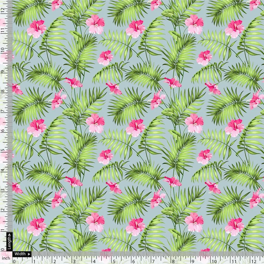 Tropical Leaves Pink Hibiscus Flower Digital Printed Fabric - Upada Silk - Image 4