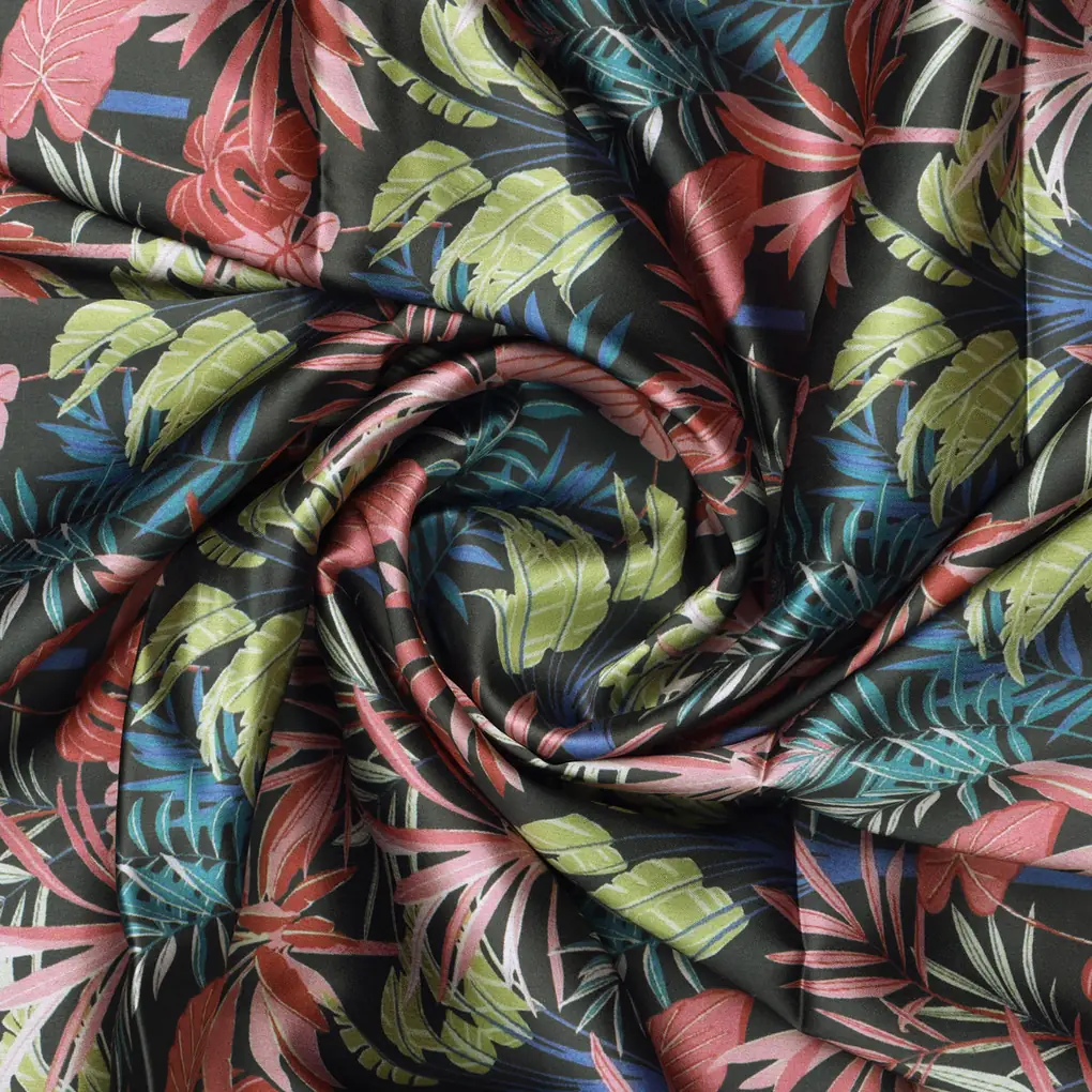 Tropical Leaves Printed Japan Satin Fabric - Image 3