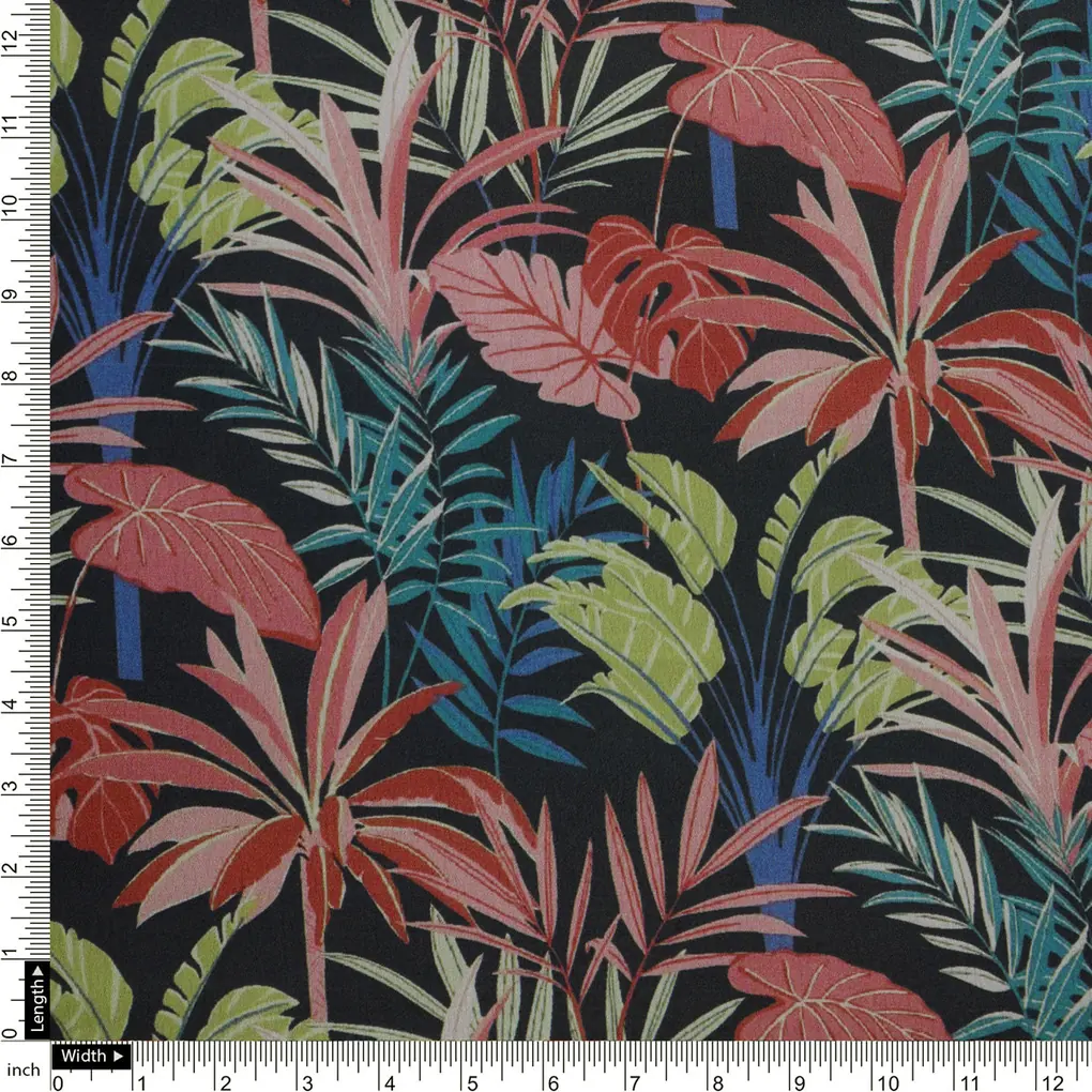 Tropical Leaves Printed Japan Satin Fabric - Image 4