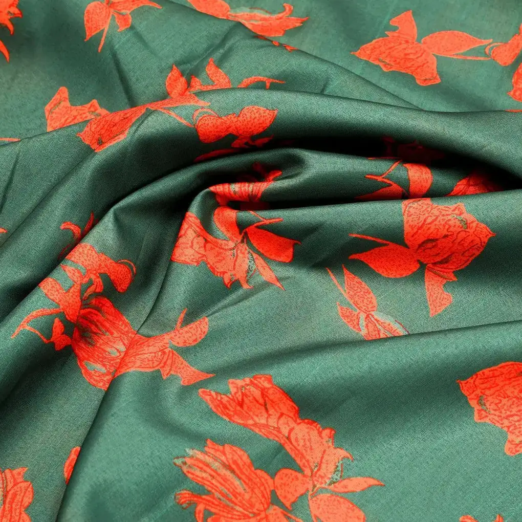 Tulips Roses With Orange Colour Digital Printed Fabric - Poly Muslin - Image 3