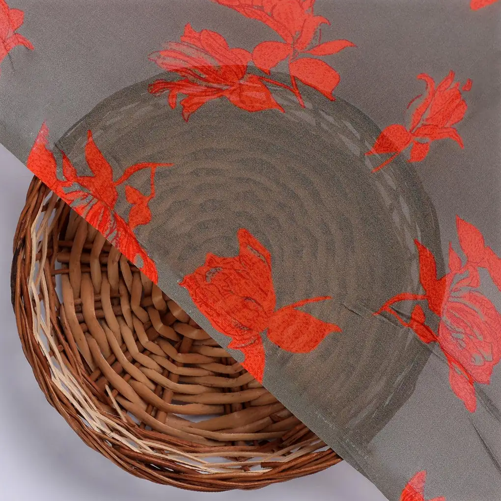 Tulips Roses With Orange Colour Digital Printed Fabric - Pure Georgette - Image 2