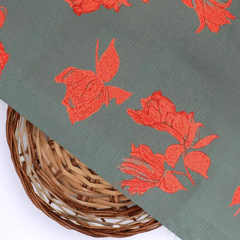Tulips Roses With Orange Colour Digital Printed Fabric - Rayon - Image 2