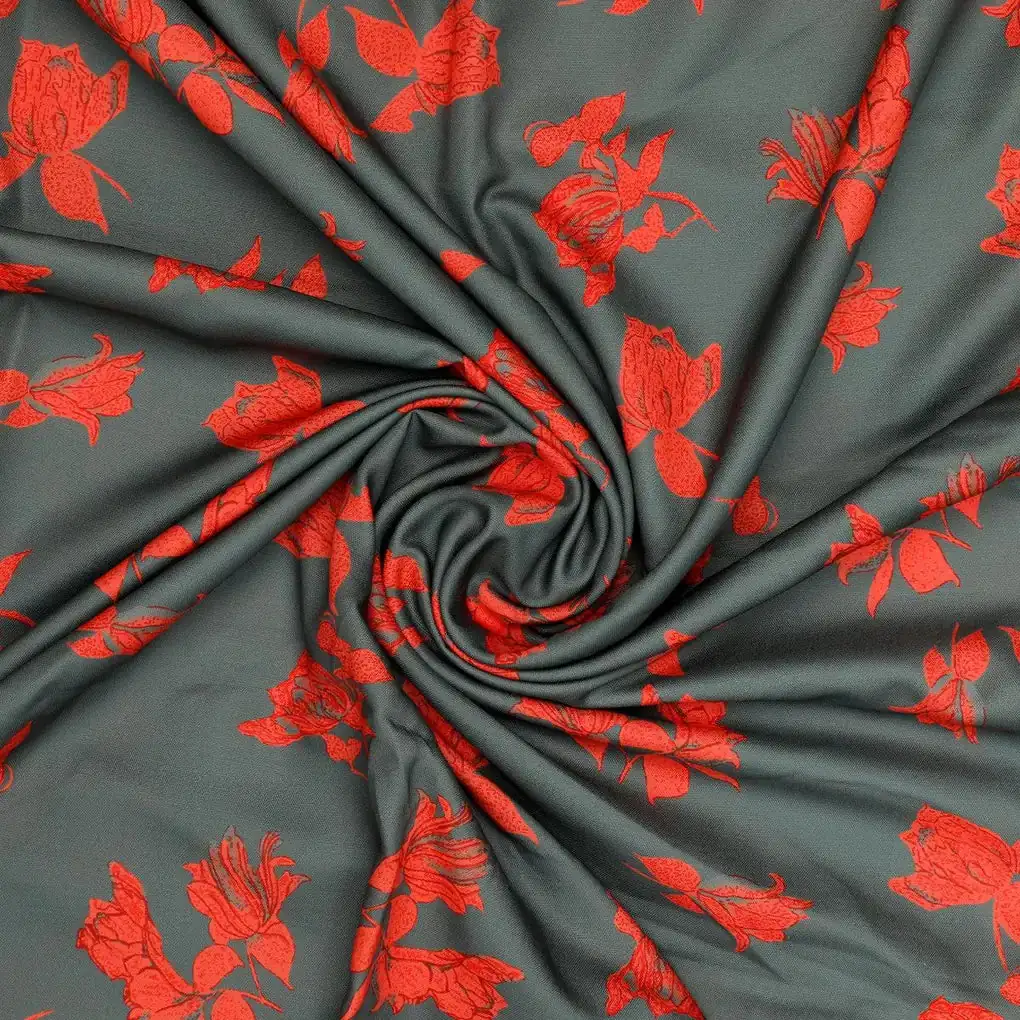 Tulips Roses With Orange Colour Digital Printed Fabric - Rayon - Image 3