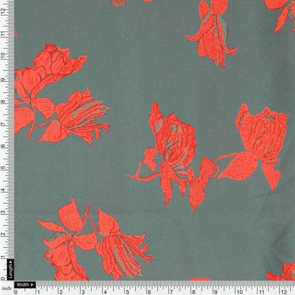 Tulips Roses With Orange Colour Digital Printed Fabric - Rayon - Image 4