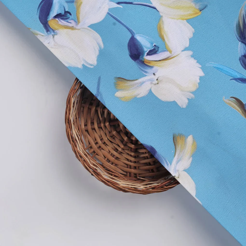 Turquoise Blue Floral Polyester Fabric for Dresses & Tops - Image 3