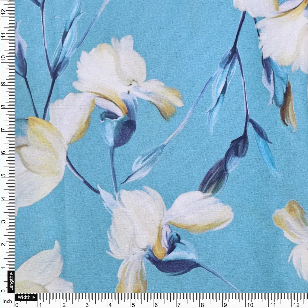 Turquoise Blue Floral Polyester Fabric for Dresses & Tops - Image 4