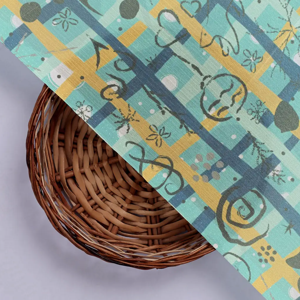 Turquoise & Gold Checkered Quirky Print Chinon Fabric - Image 2