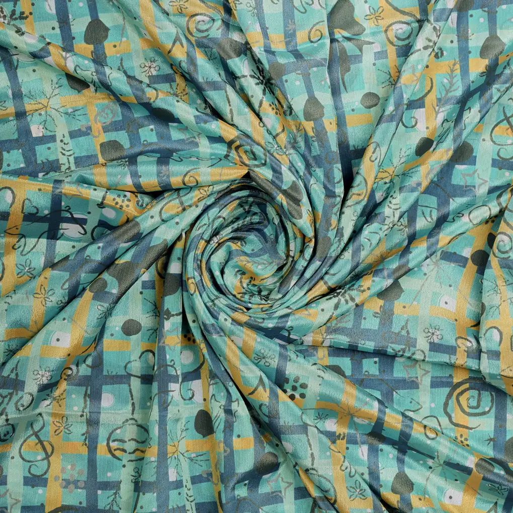 Turquoise & Gold Checkered Quirky Print Chinon Fabric - Image 3