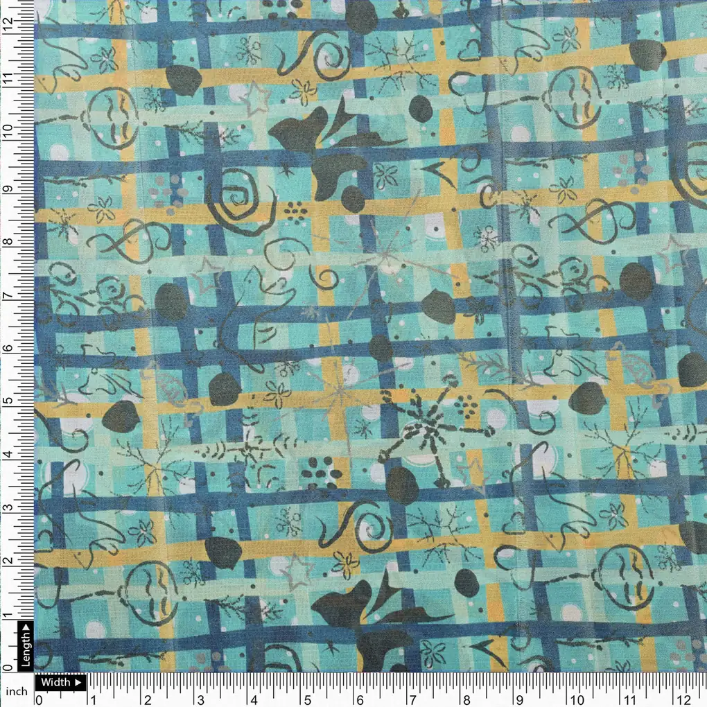 Turquoise & Gold Checkered Quirky Print Chinon Fabric - Image 4