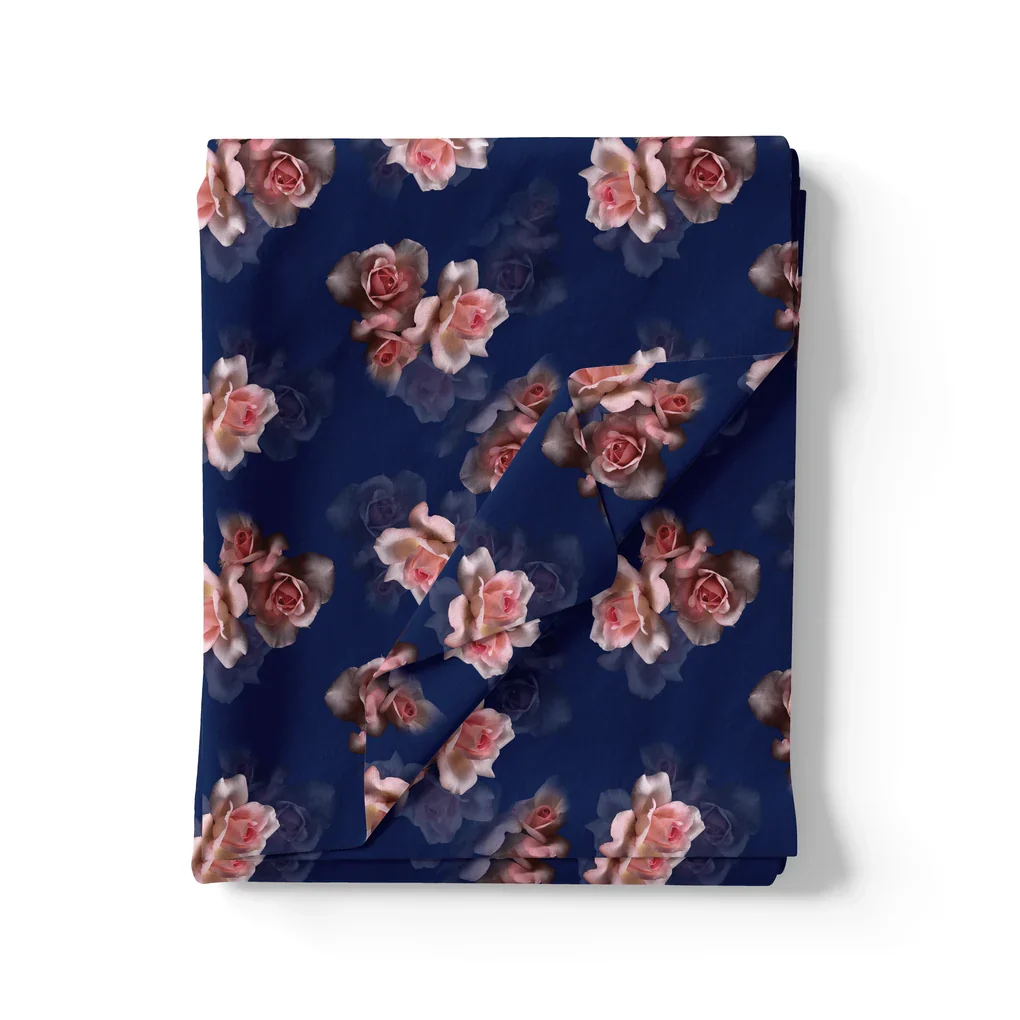 Valvet Blue Background With Creamy Roses Digital Printed Fabric - Image 3