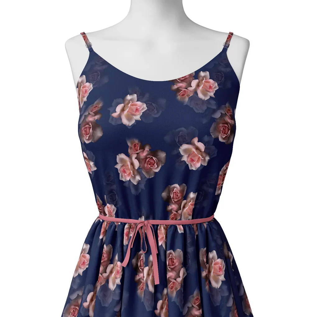 Valvet Blue Background With Creamy Roses Digital Printed Fabric - Kora Silk - Image 2