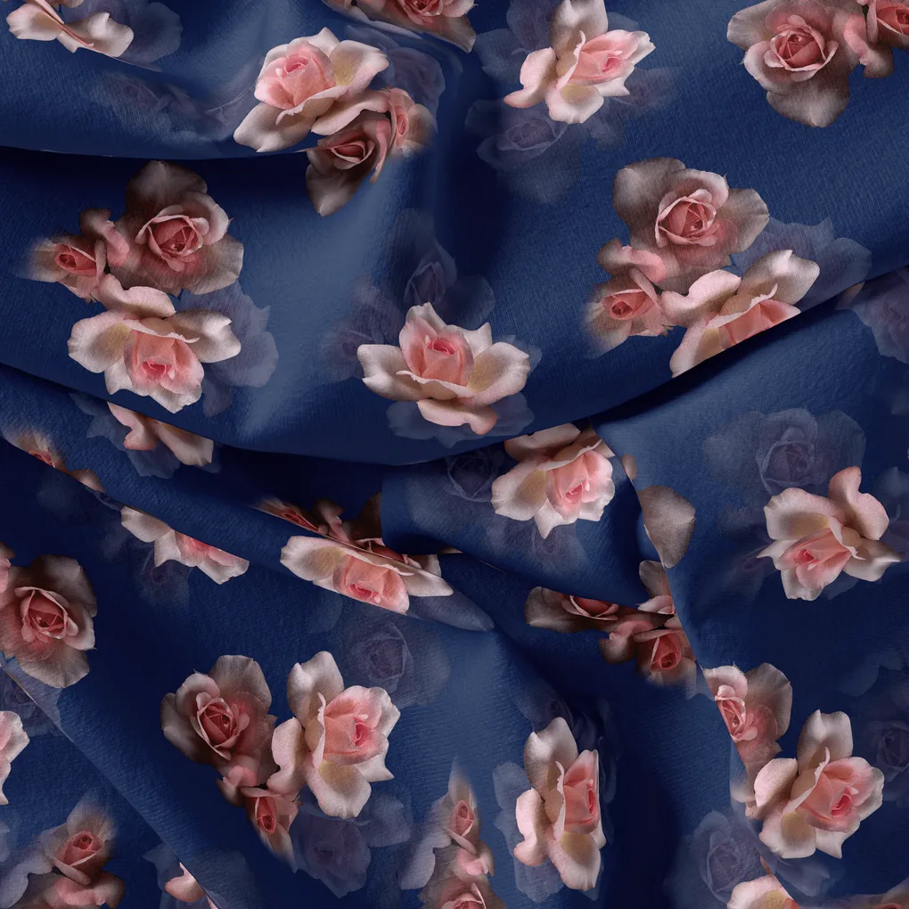 Valvet Blue Background With Creamy Roses Digital Printed Fabric - Kora Silk - Image 4