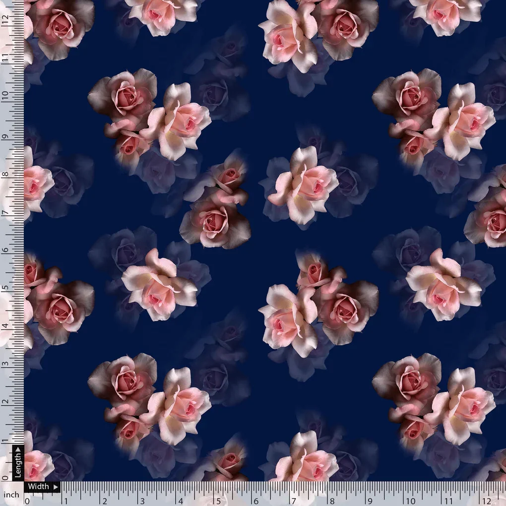Valvet Blue Background With Creamy Roses Digital Printed Fabric - Kora Silk - Image 5