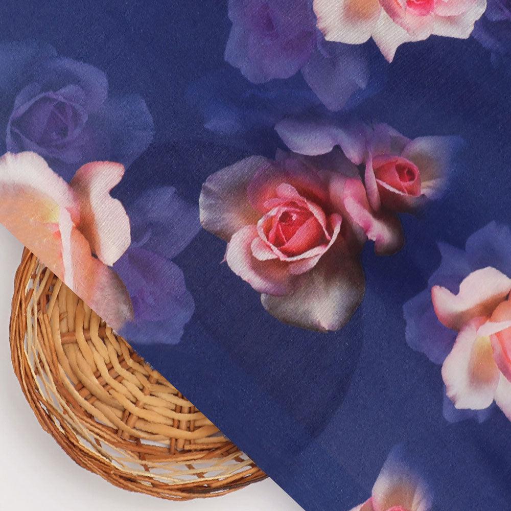 Valvet Blue Background With Creamy Roses Digital Printed Fabric - Poly Muslin - Image 2