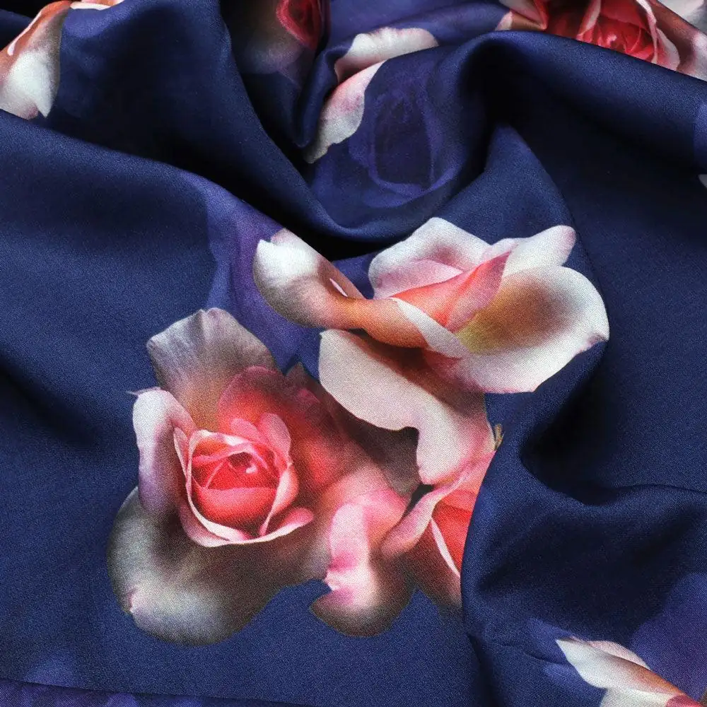 Valvet Blue Background With Creamy Roses Digital Printed Fabric - Poly Muslin - Image 3