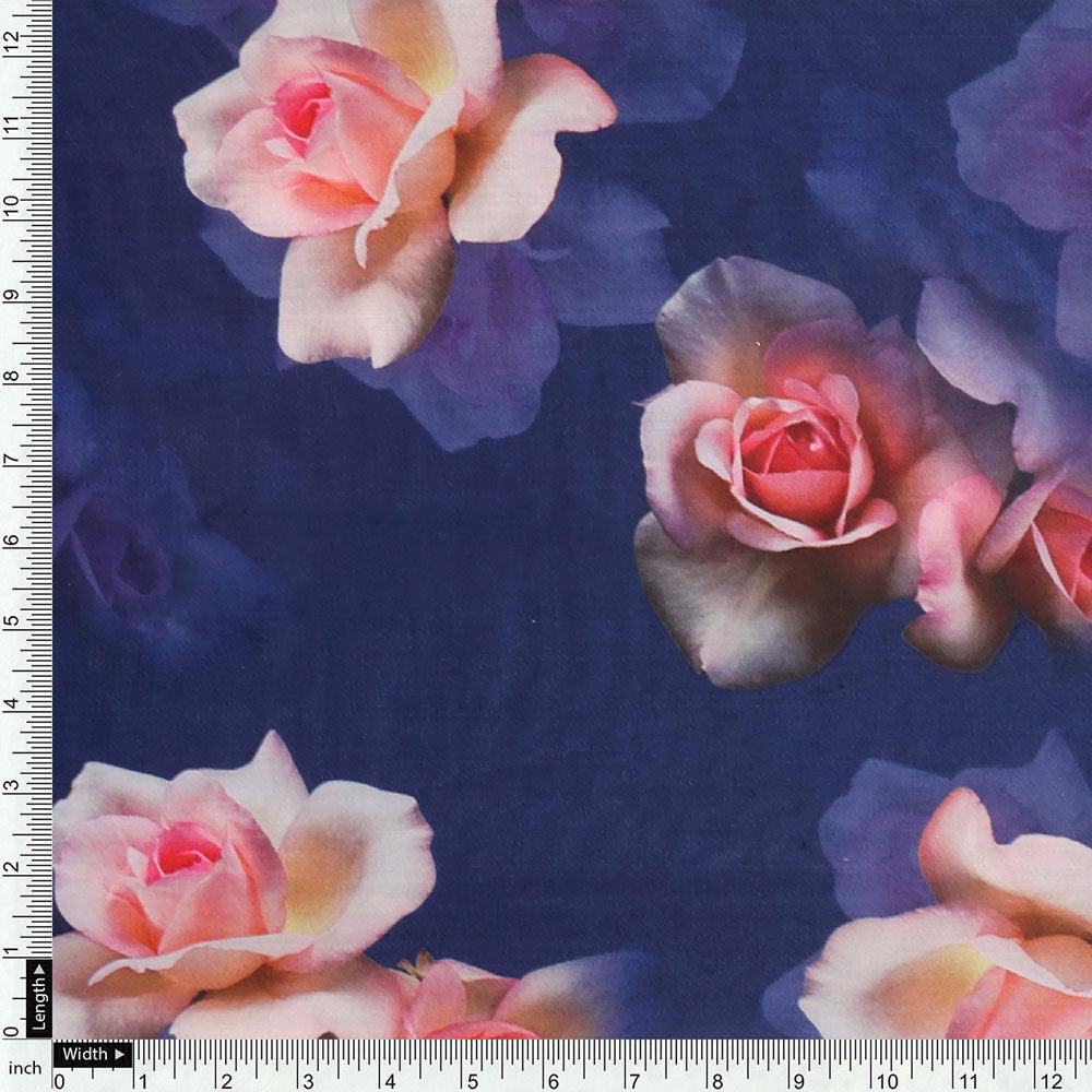 Valvet Blue Background With Creamy Roses Digital Printed Fabric - Poly Muslin - Image 4