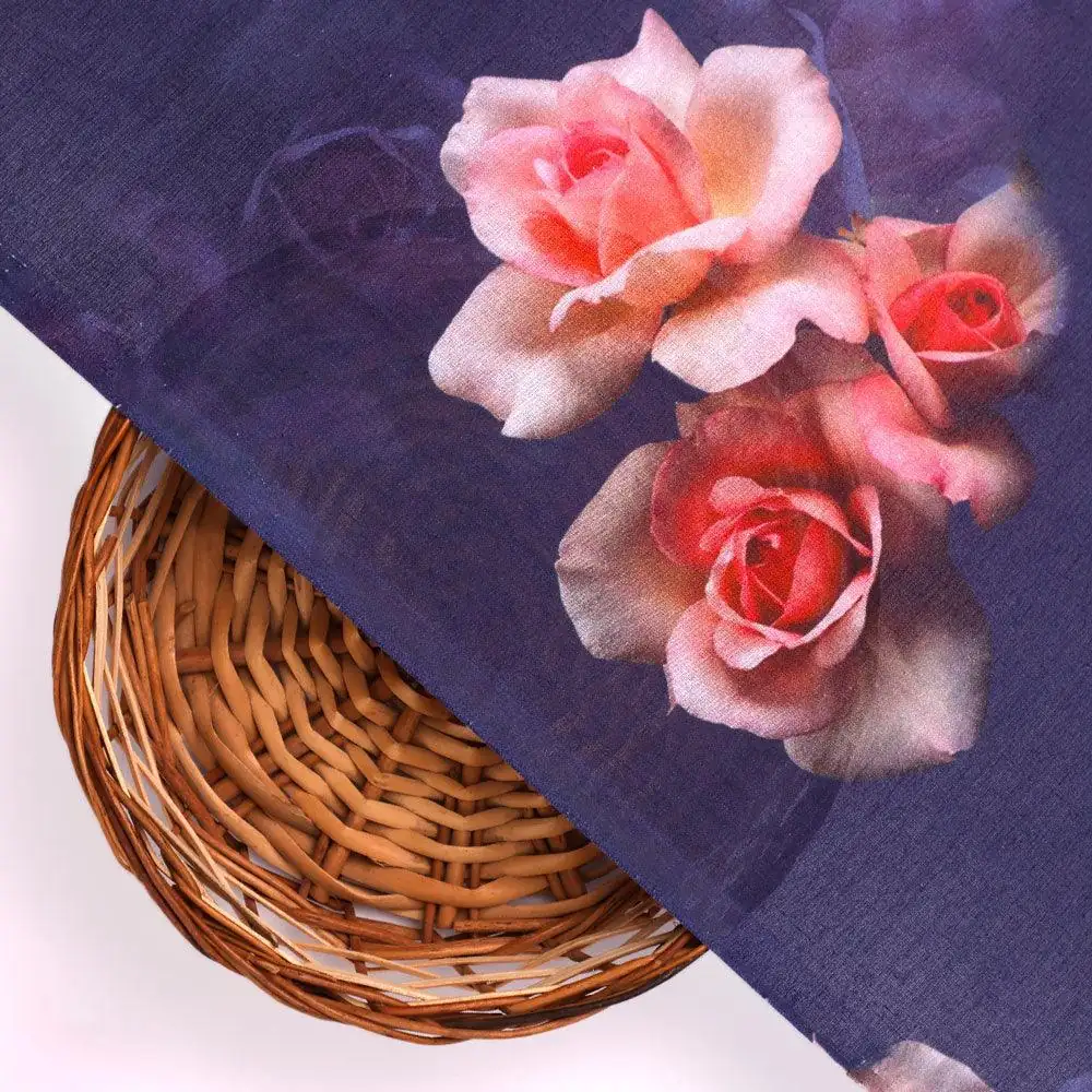 Valvet Blue Background With Creamy Roses Digital Printed Fabric - Pure Cotton - Image 2