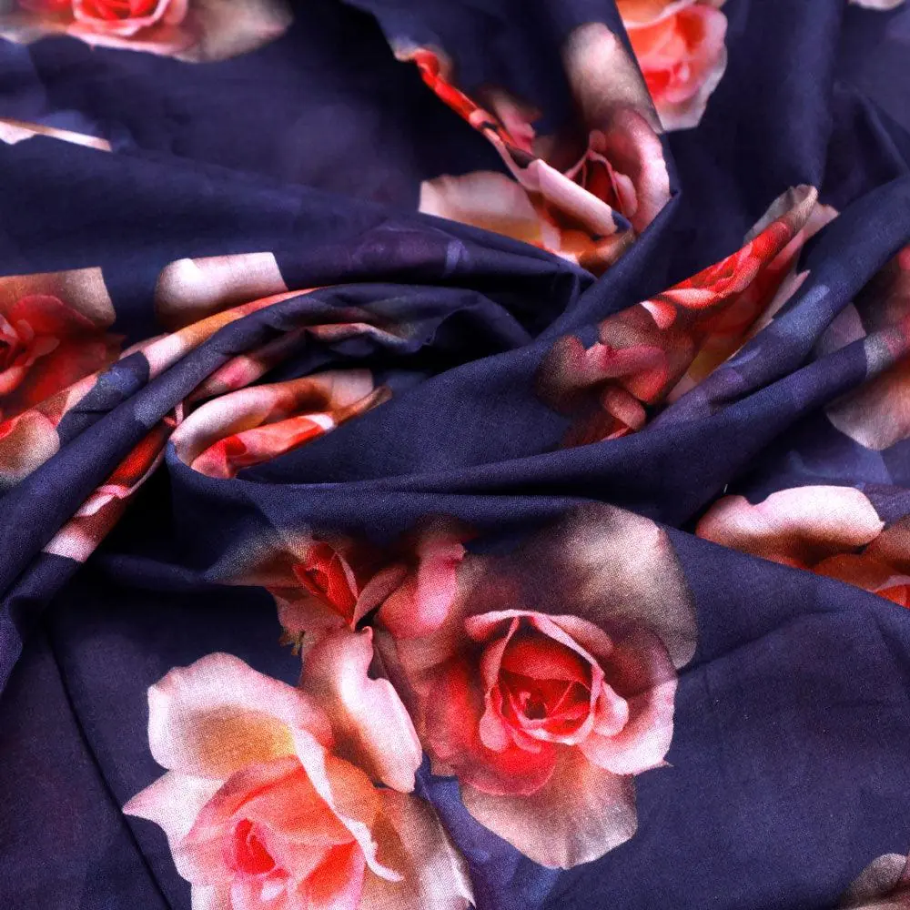 Valvet Blue Background With Creamy Roses Digital Printed Fabric - Pure Cotton - Image 3