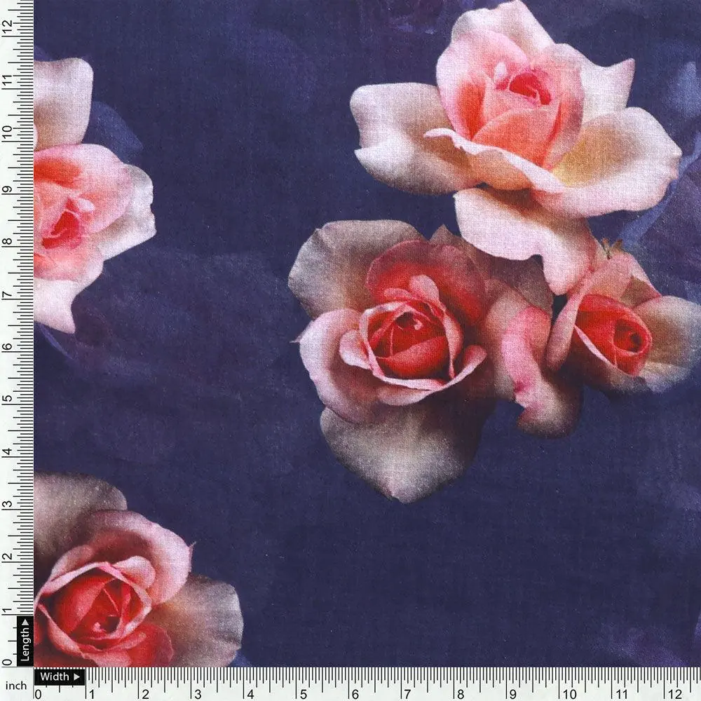 Valvet Blue Background With Creamy Roses Digital Printed Fabric - Pure Cotton - Image 4