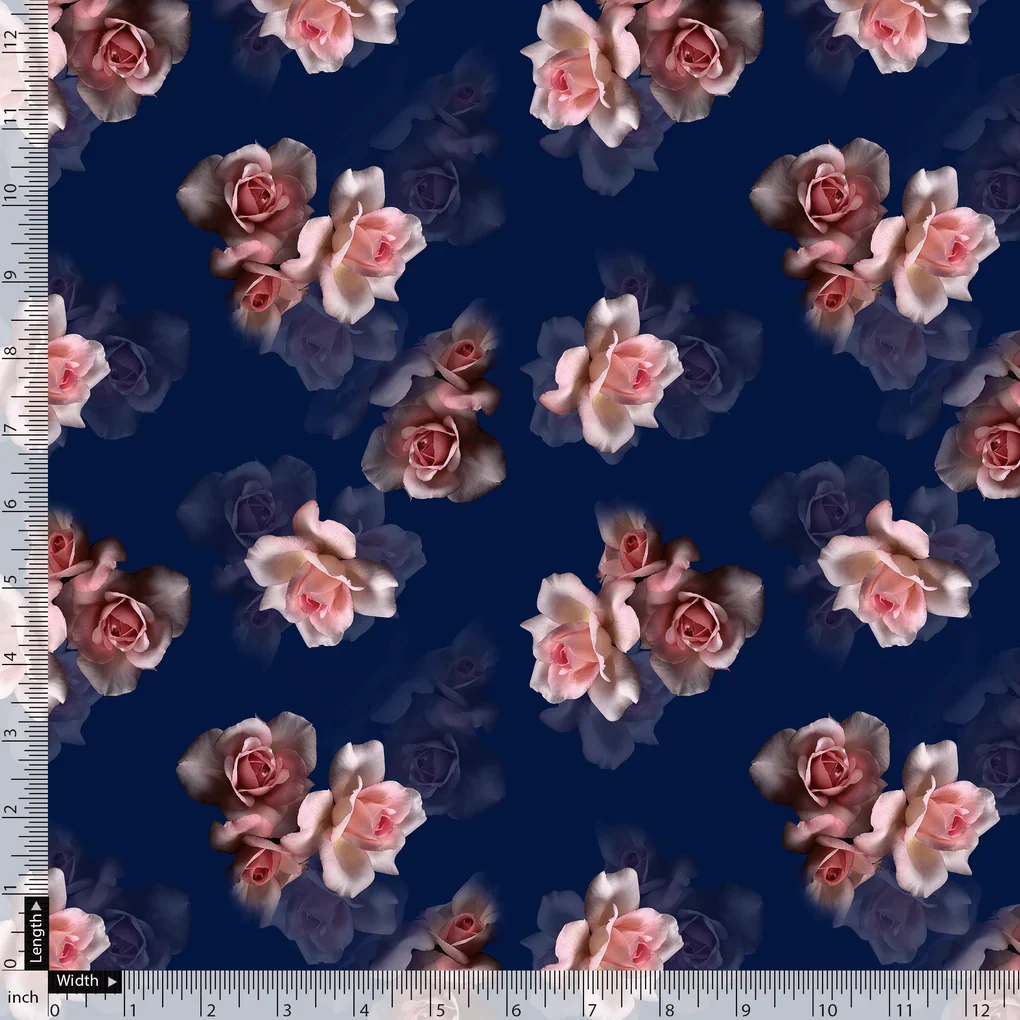Valvet Blue Background With Creamy Roses Digital Printed Fabric - Pure Georgette - Image 5