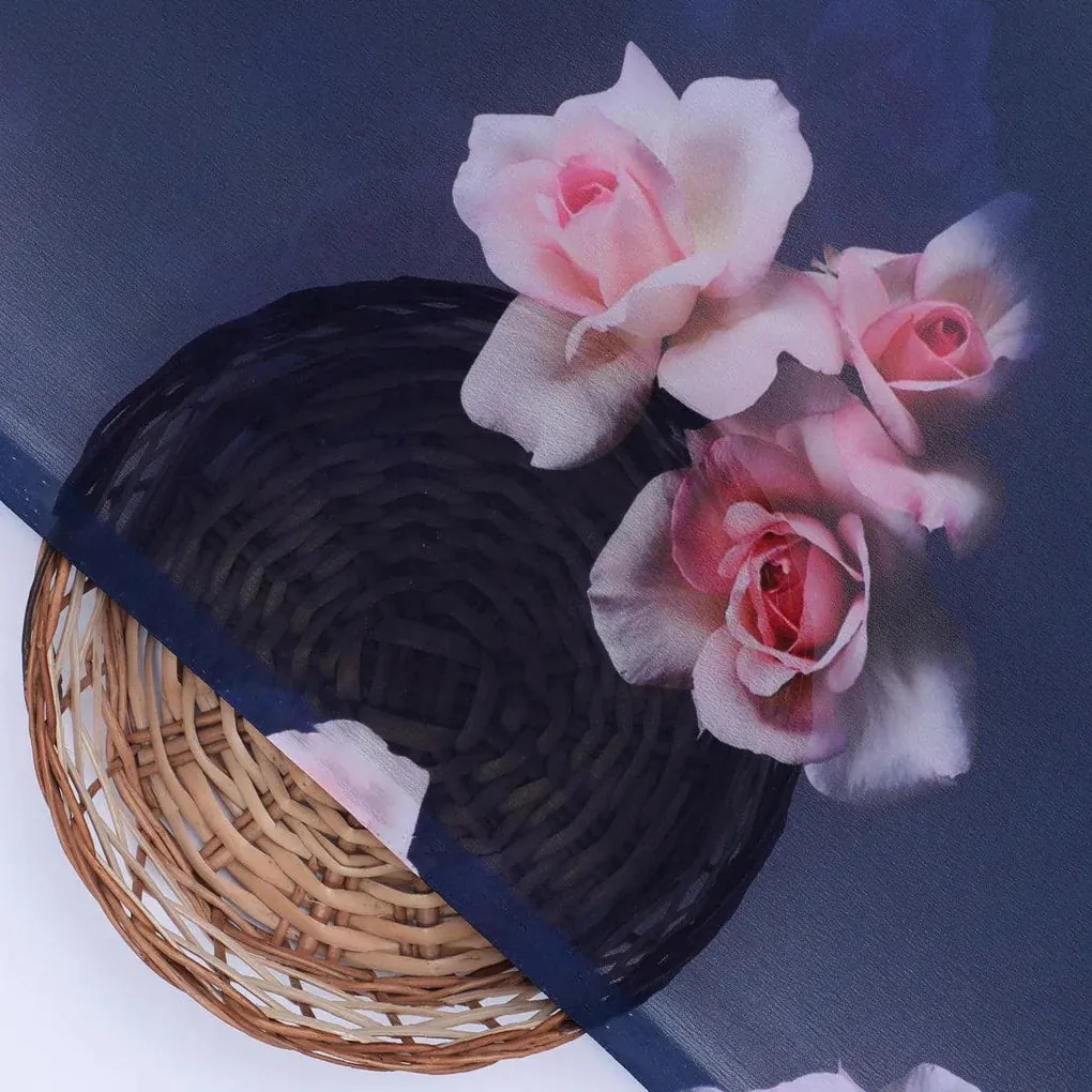 Valvet Blue Background With Creamy Roses Digital Printed Fabric - Weightless - Image 2