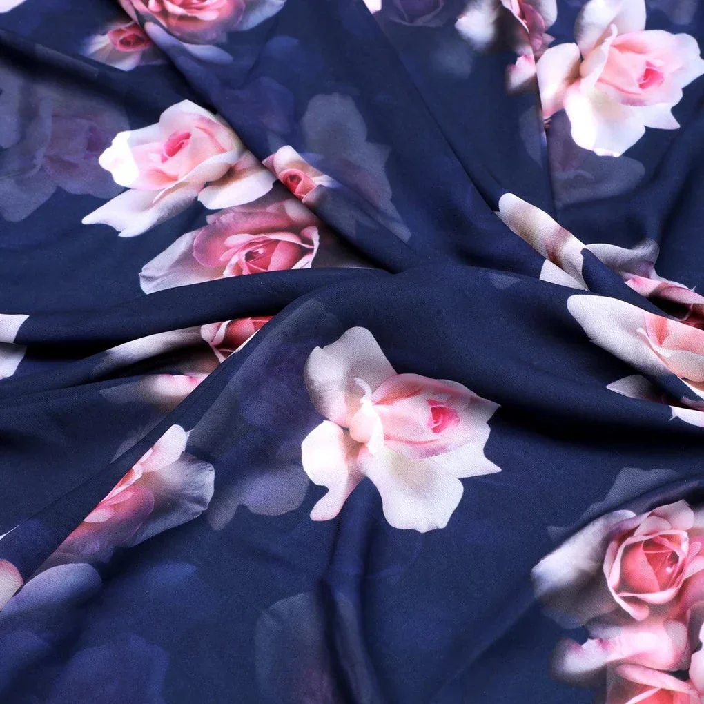 Valvet Blue Background With Creamy Roses Digital Printed Fabric - Weightless - Image 3